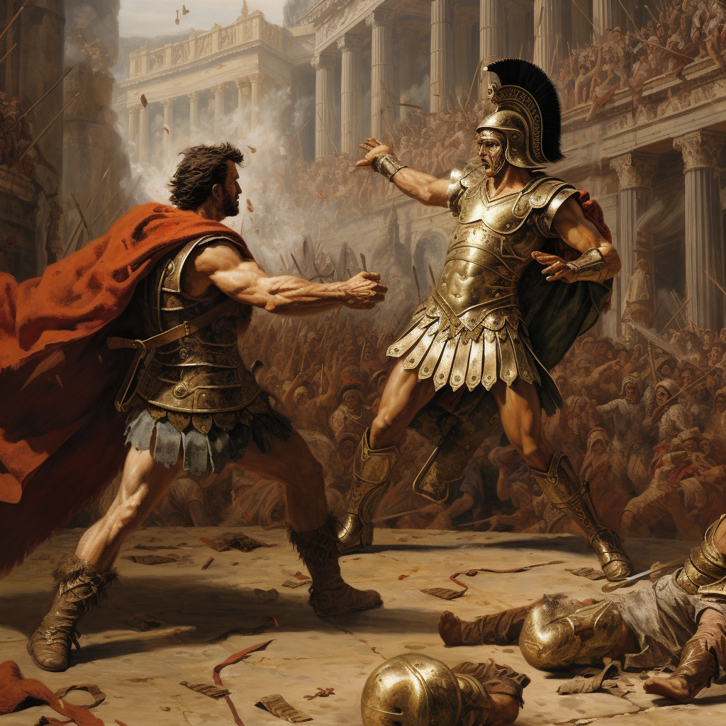 Epic showdown between Achilles and Maximus in the Colosseum.