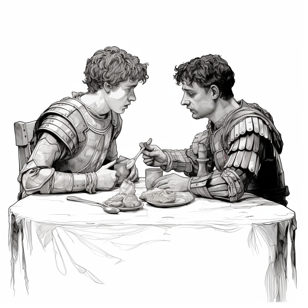 Black and white sketch of Achilles and Patroclus eating