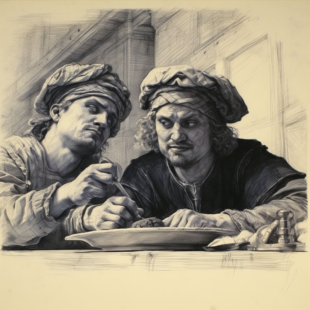 Sketch of Achilles and Patroclus eating at a table