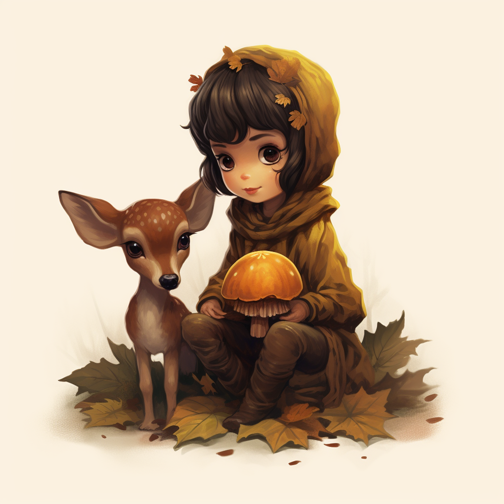 Illustration of Acorn and Fawn sitting on a chestnut