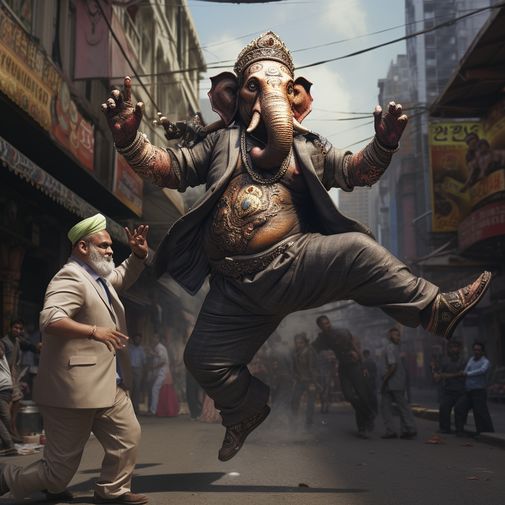 Acrobatic Lord Ganesha performing flying kick