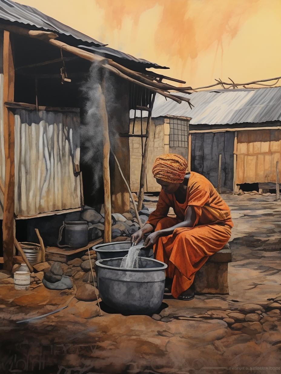 Acrylic painting of elderly African woman washing clothes