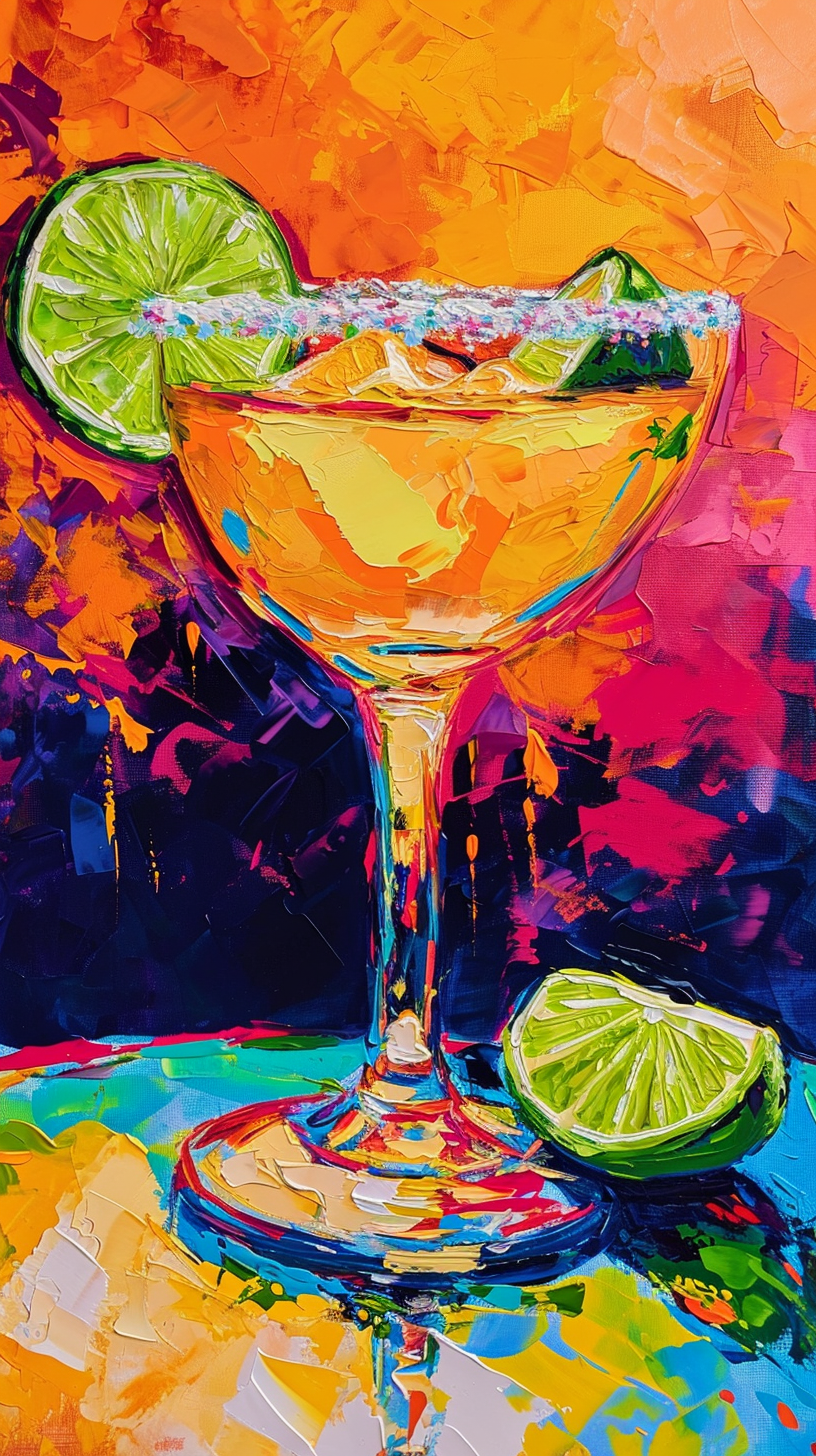 Margarita glass with salted rim on vibrant background