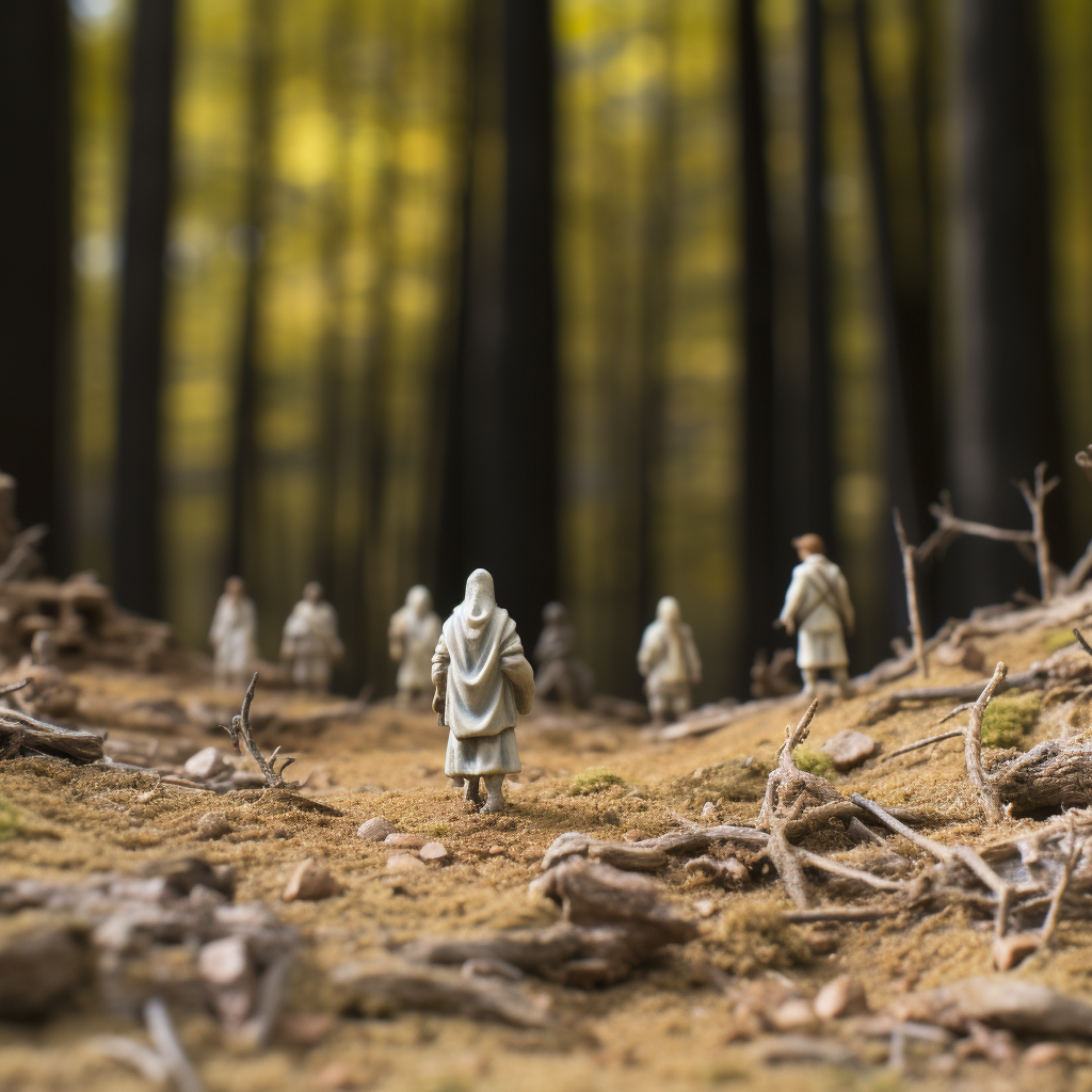 Small action figure people in dying forest