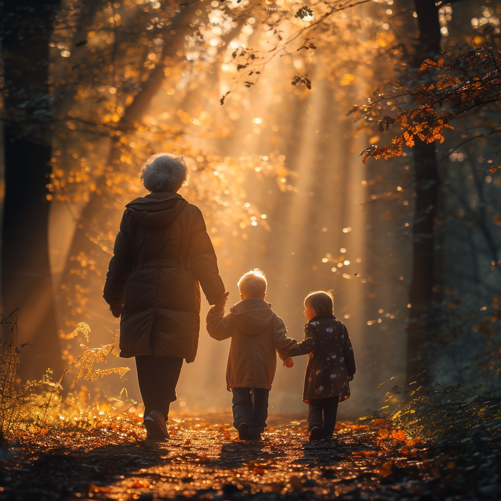 Elderly woman walking with grandchildren in a park