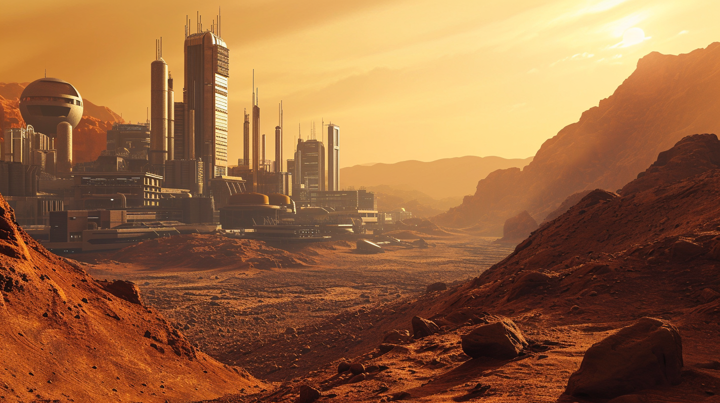 View of active industrial city on Mars