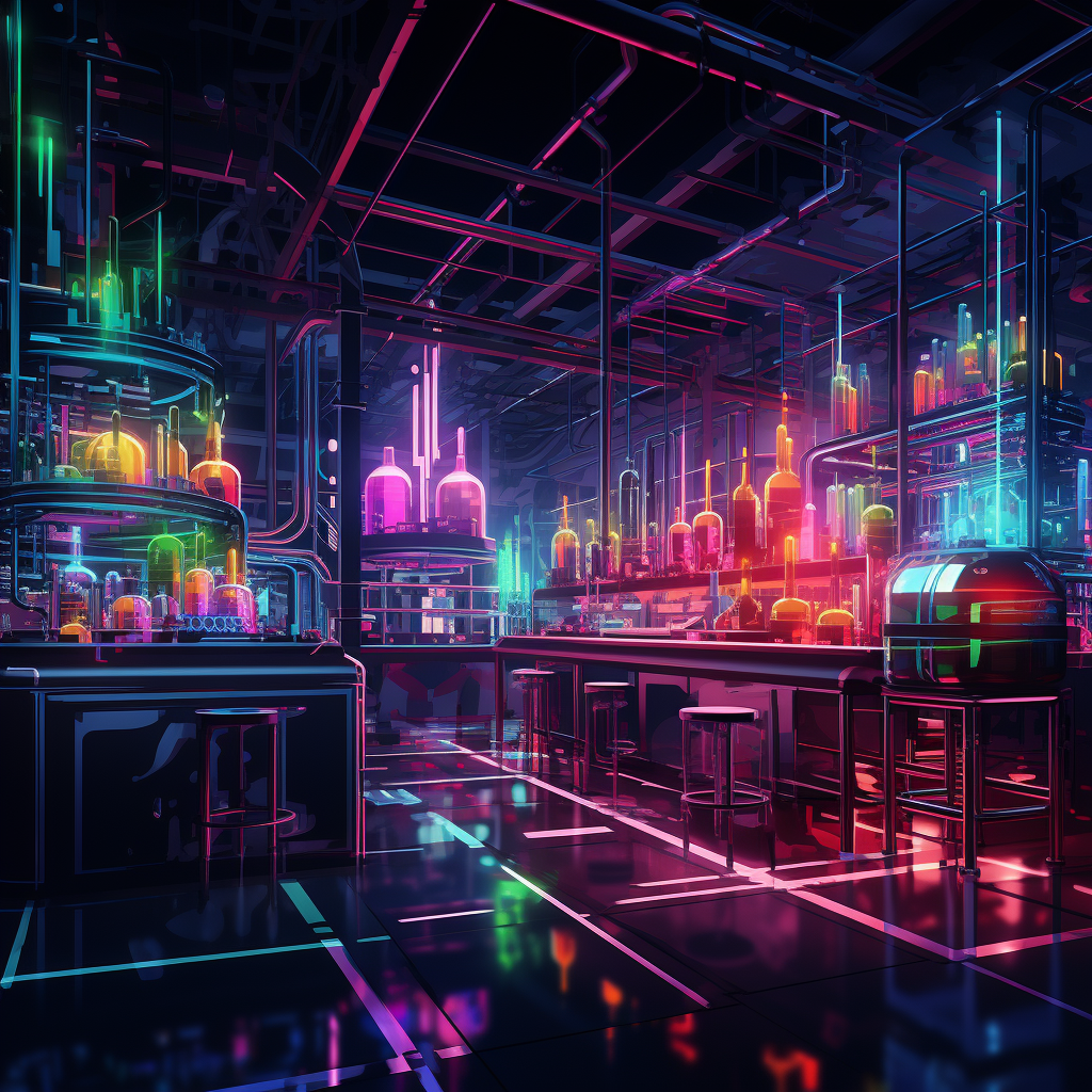 Active laboratory at night with neon colors