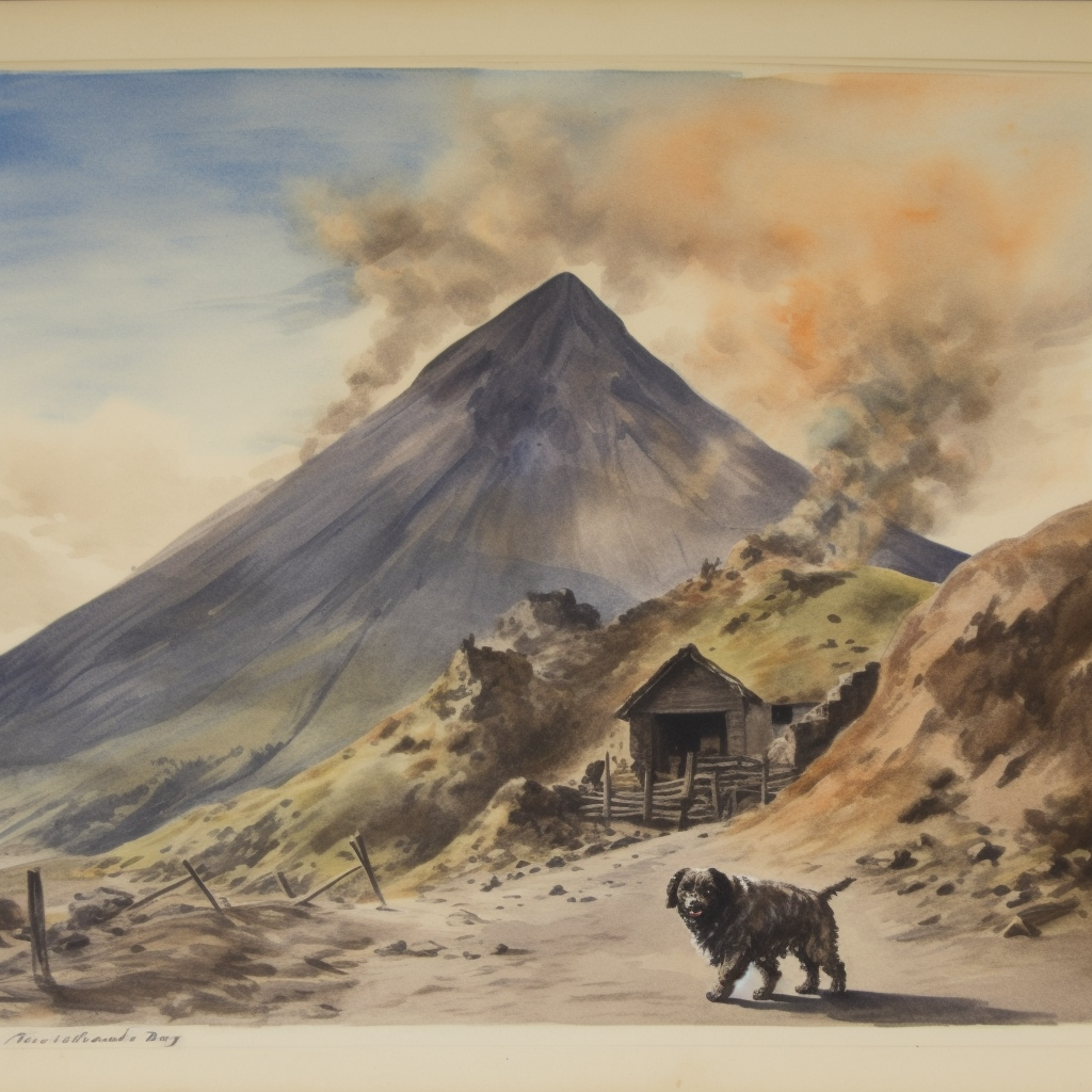 Watercolor of Active Volcano with Pug