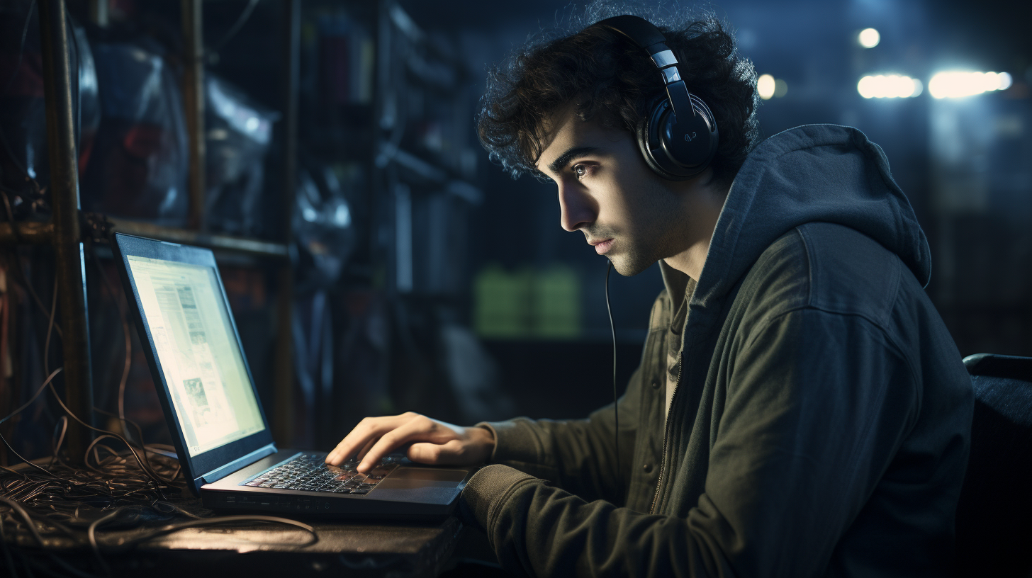 Actor Alex Wolff typing on movie set