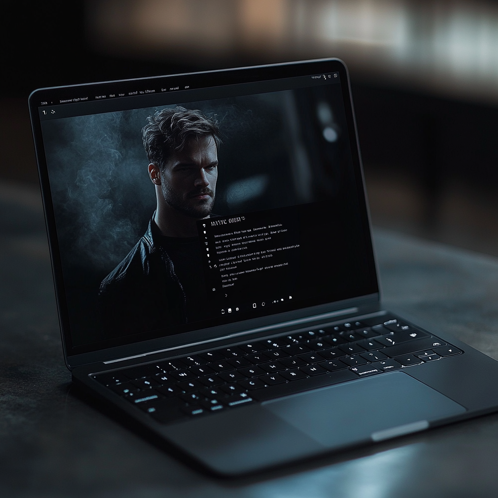 actor profile dark mode laptop