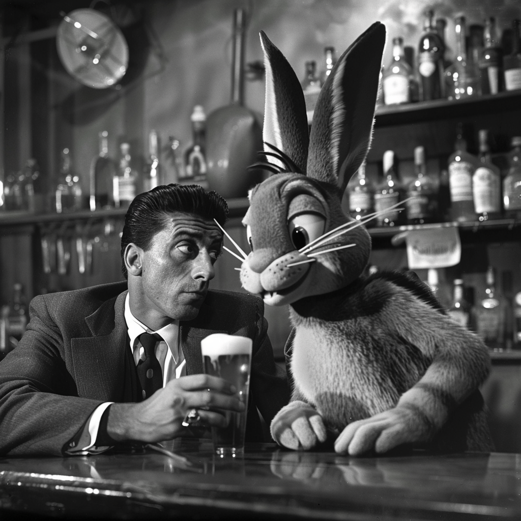 actor drinking beer with bunny