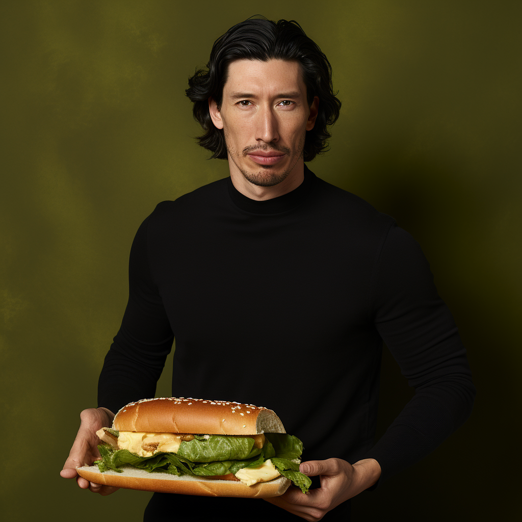 Adam Driver holding up sandwich