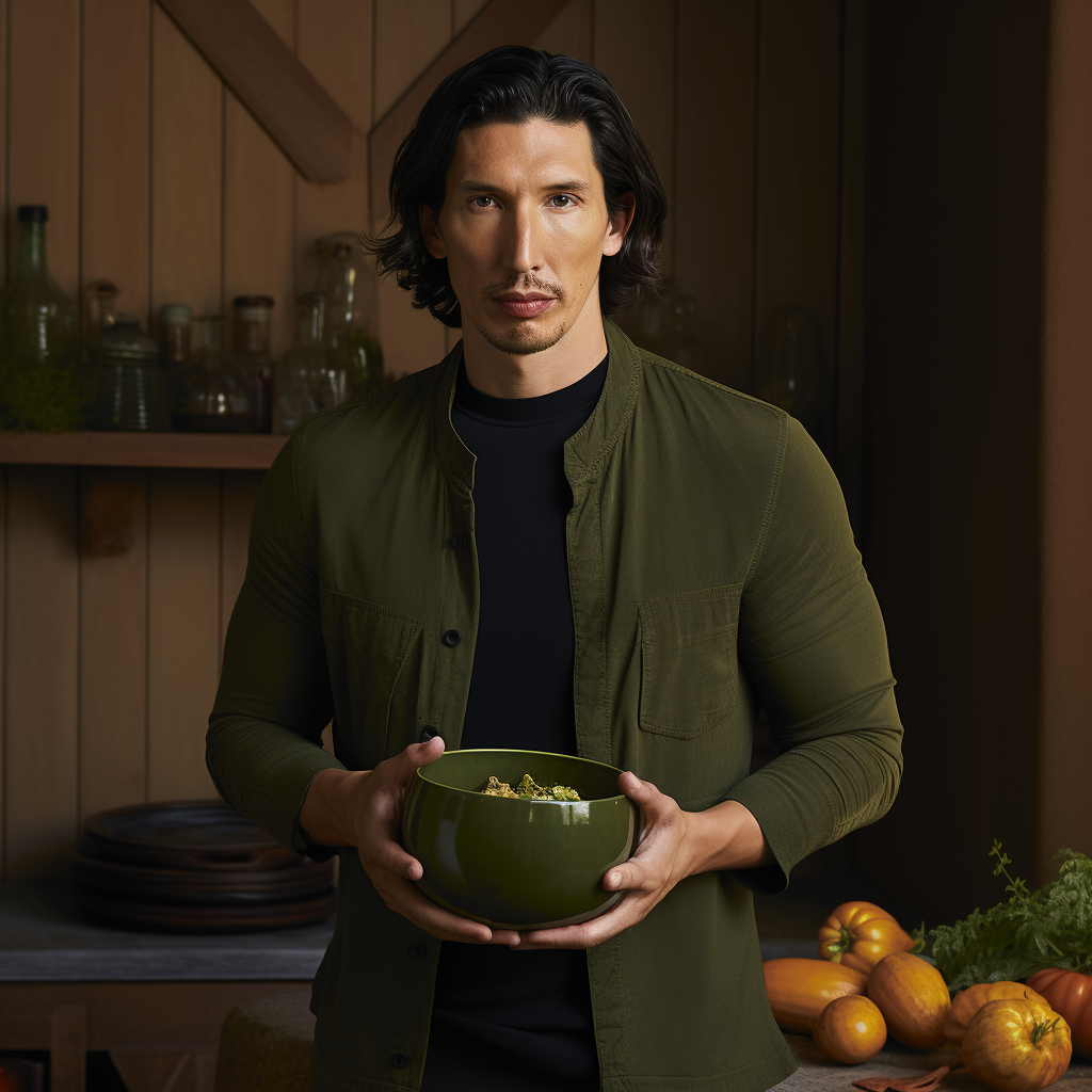 Adam Driver holding bowl of soup