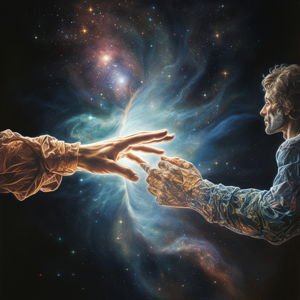 Adam and God touching fingers in futuristic setting