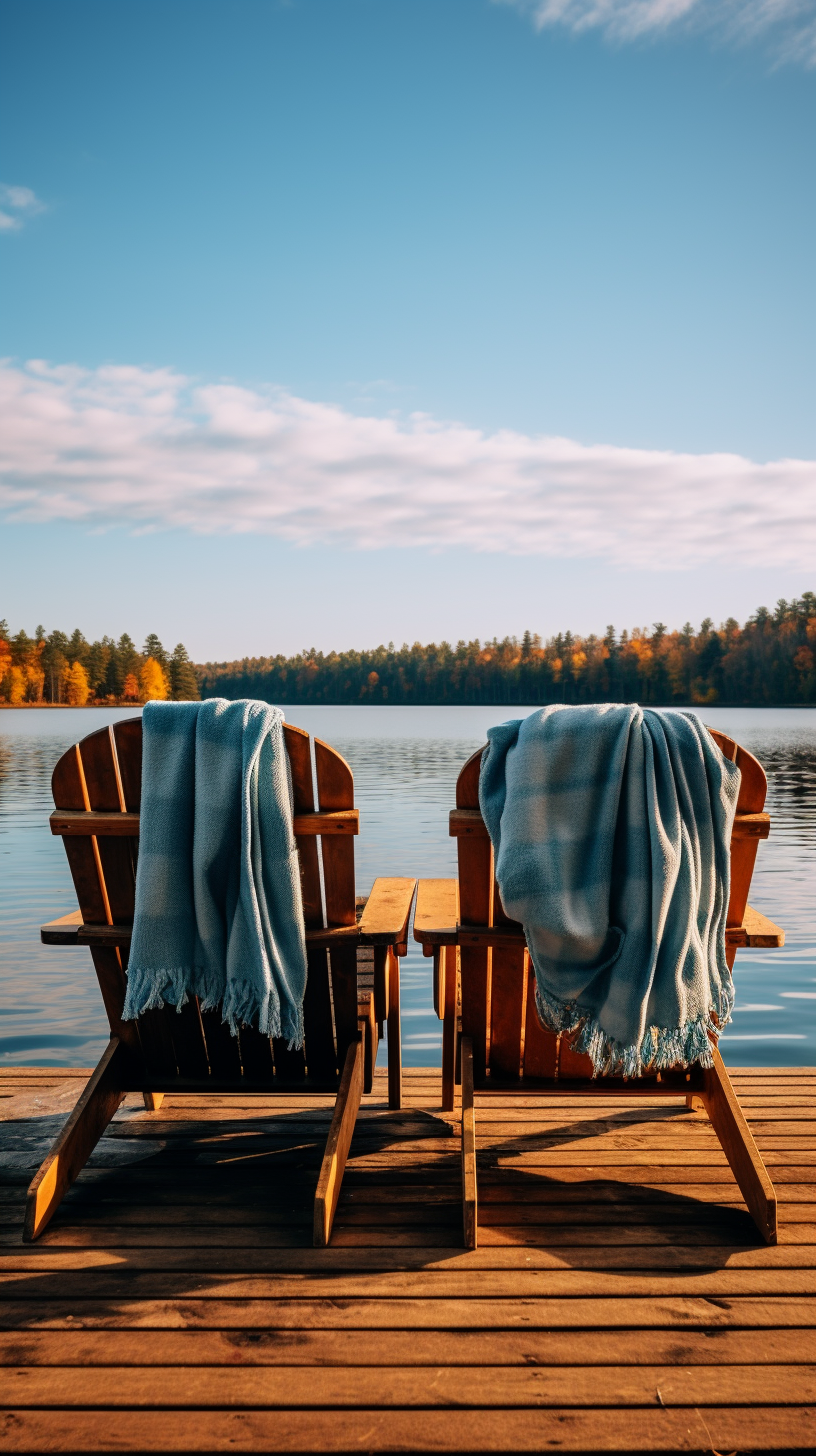 Adirondack chairs by the lake in autumn