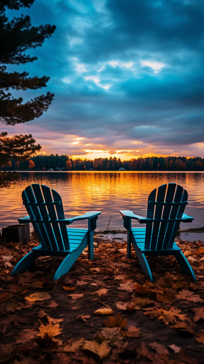 Adirondack chairs with blankets on lake pier