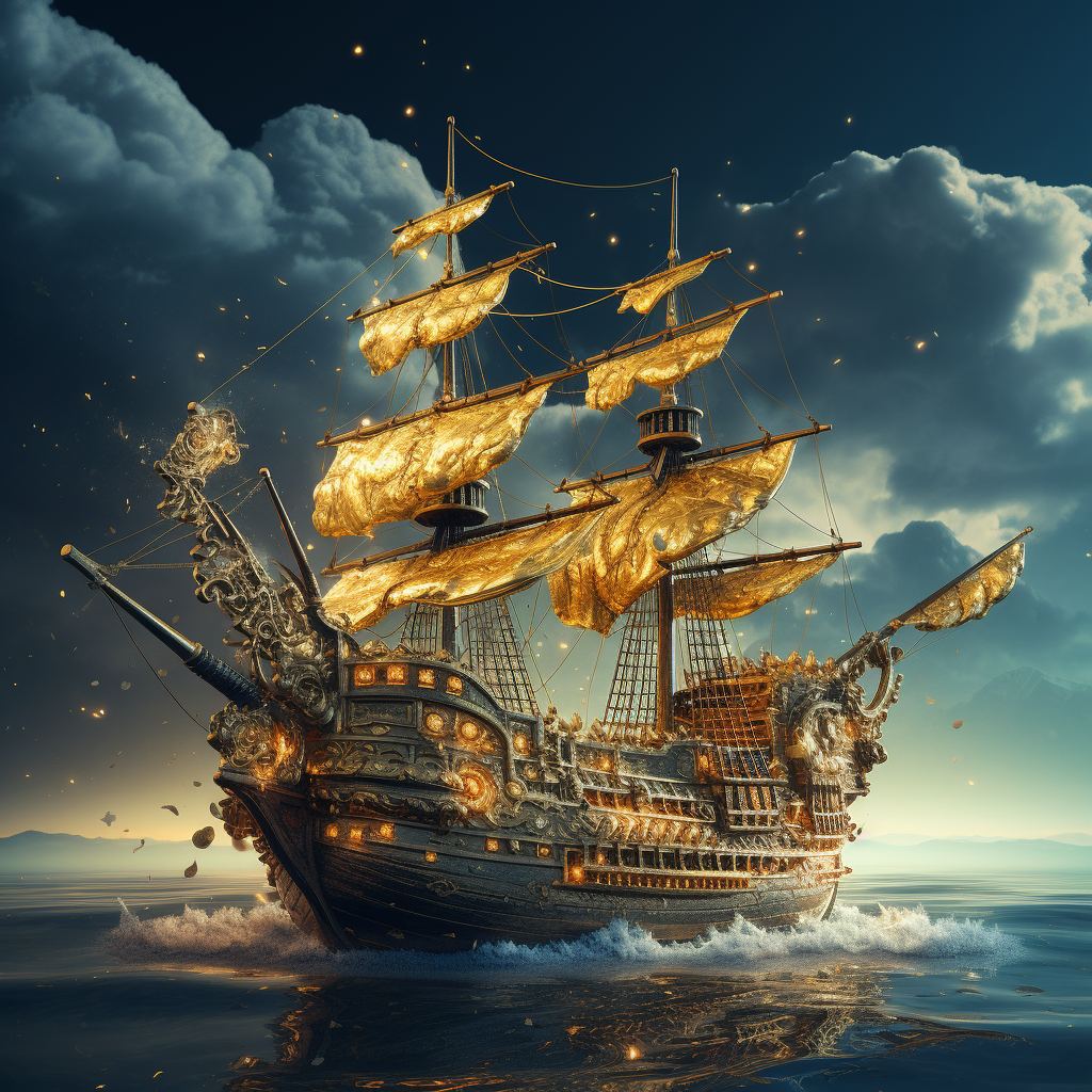 Pirate ship with gold and jewels