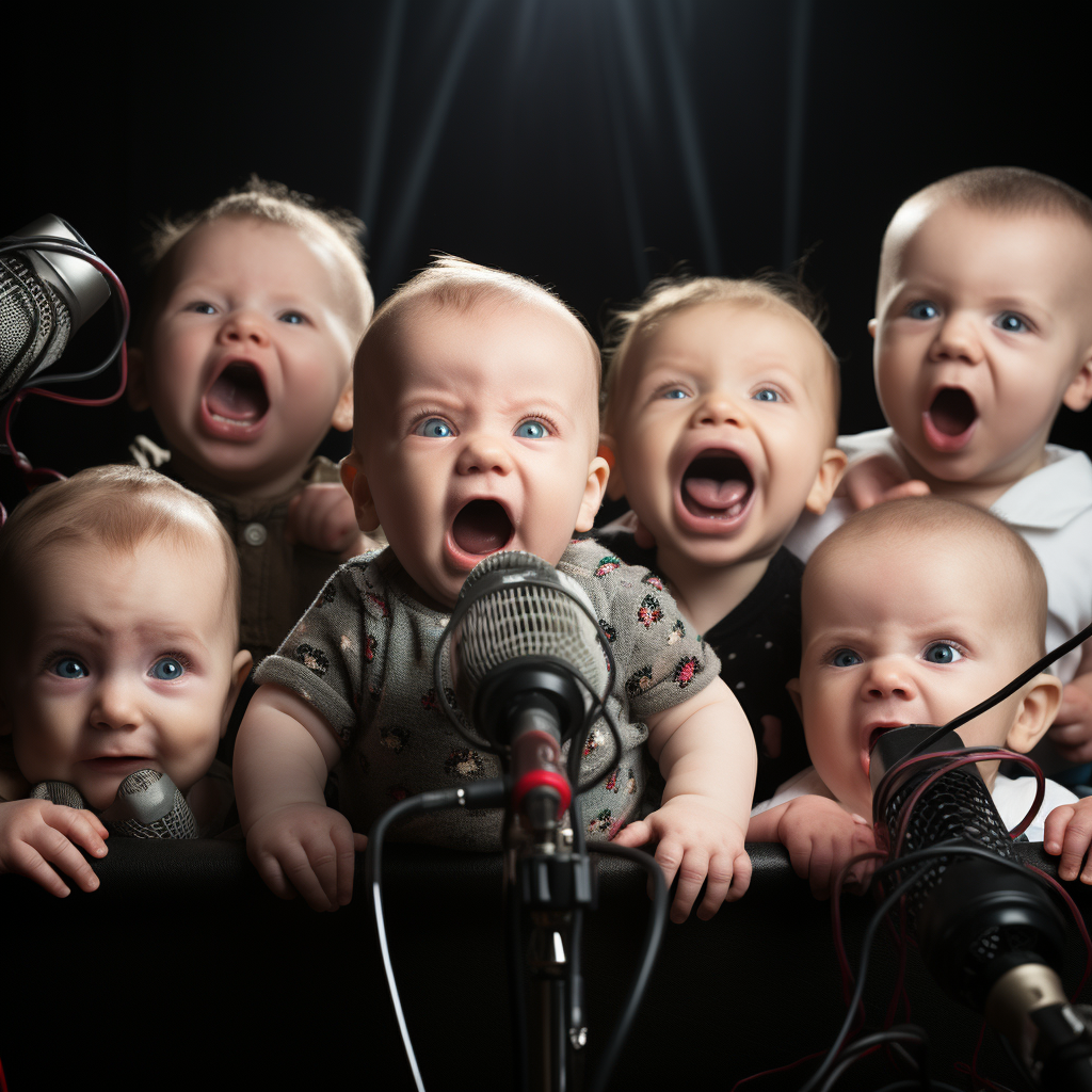 Cute babies emerging from microphone