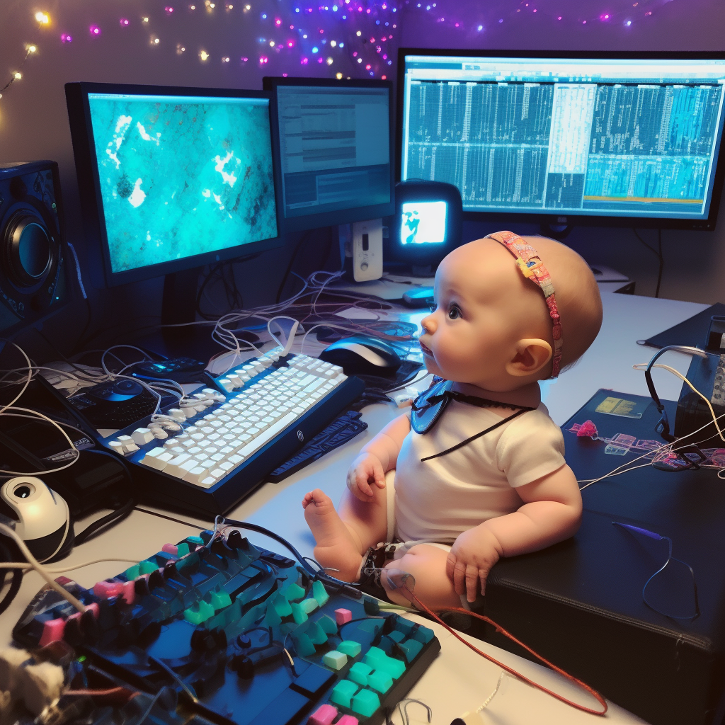 Adorable baby typing code in business attire