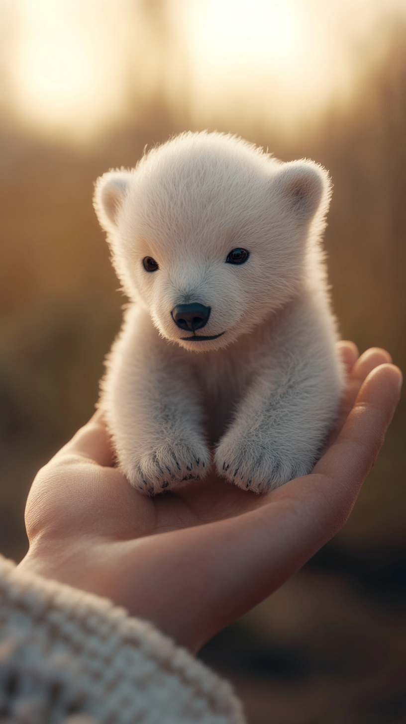 adorable baby polar bear cub in human hand portrait