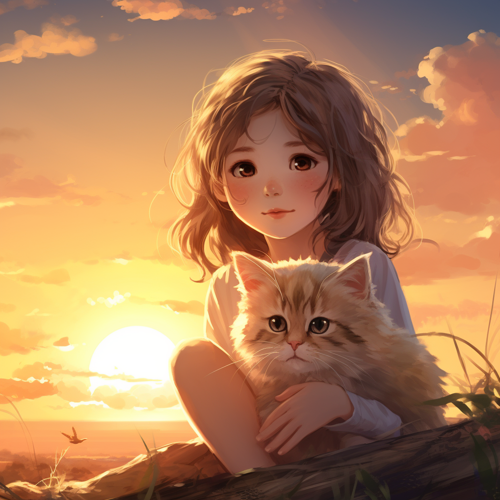 Adorable cat girl in a sunset setting