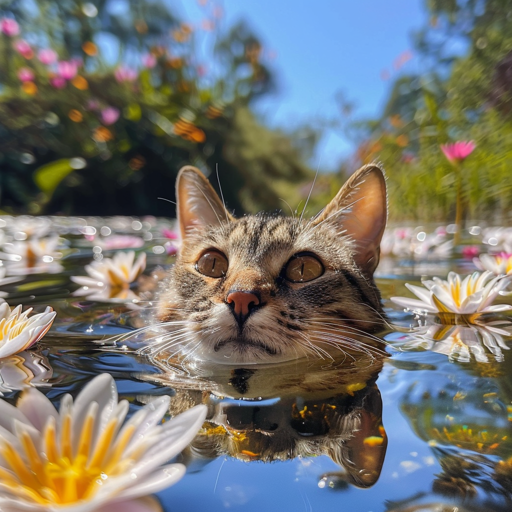 Adorable cat swimming in pond