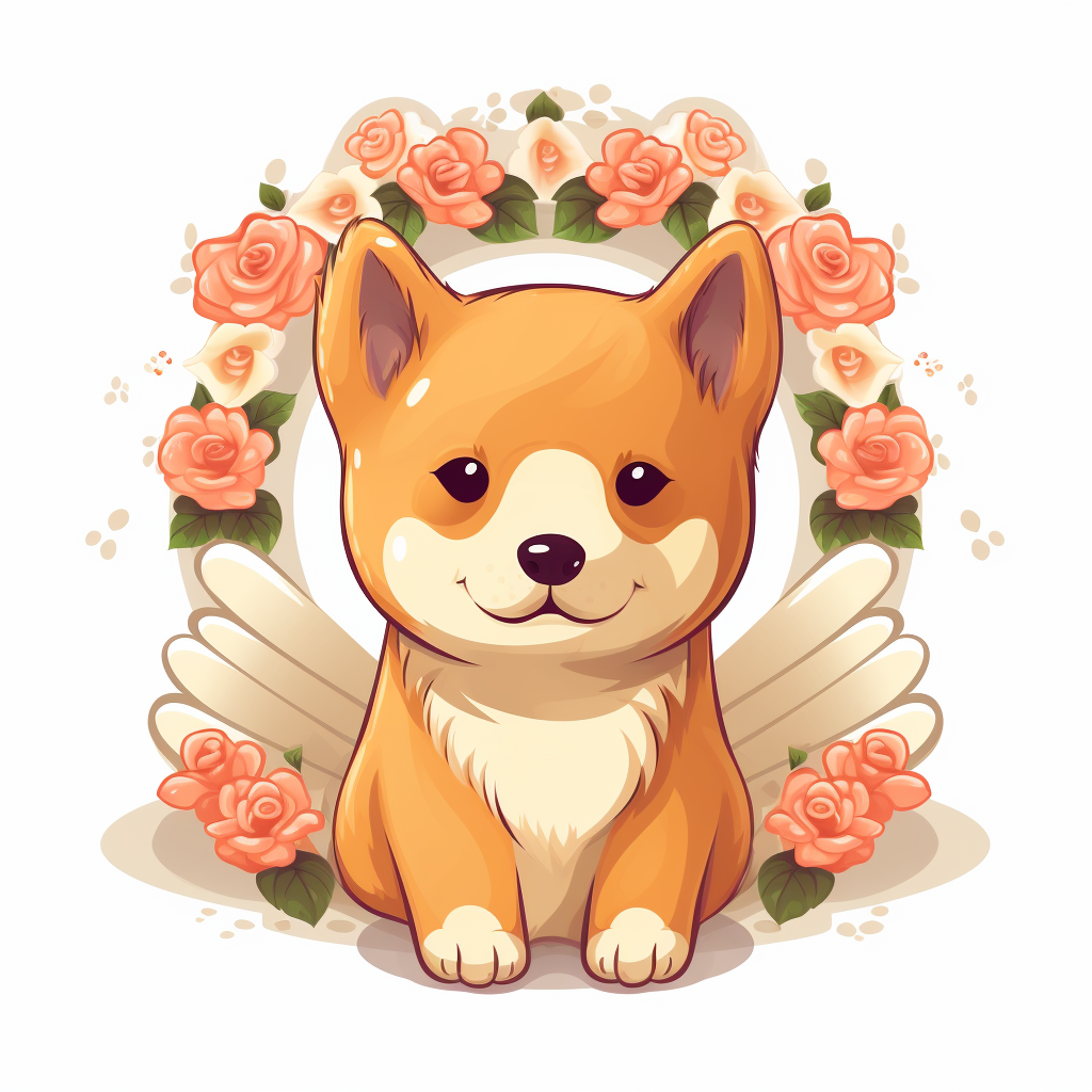 Cute Shiba Dog with Flowers  (5 words).