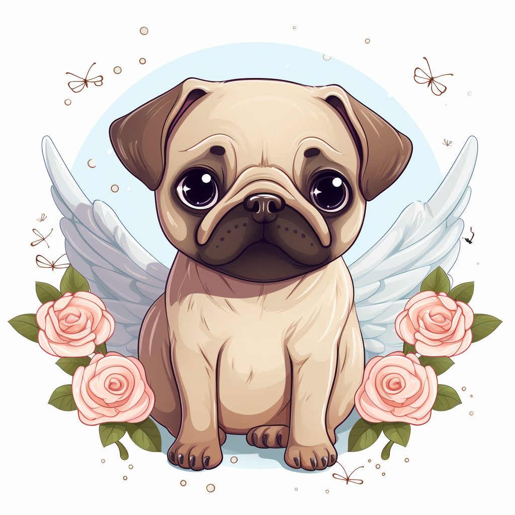 Cute pug dog with wings and flowers