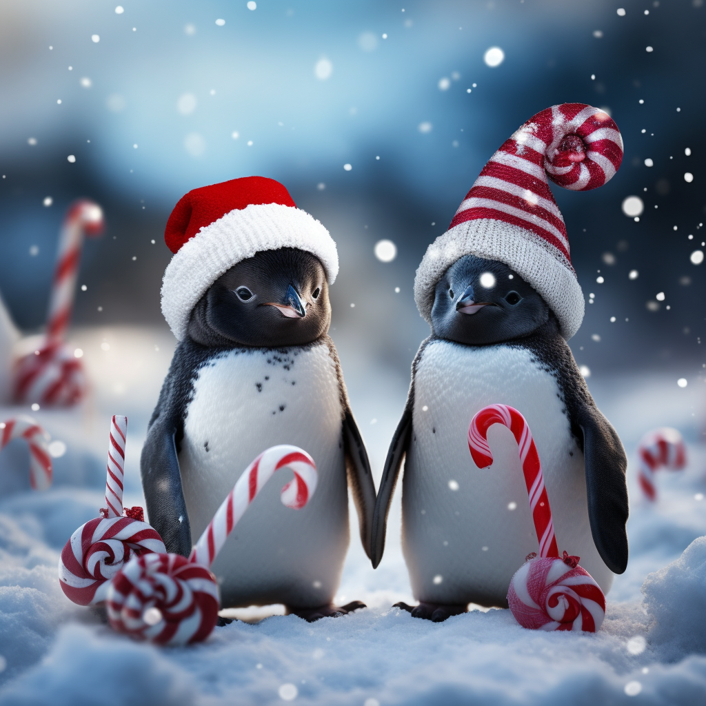 Cute penguins in Santa hats playing in the snow