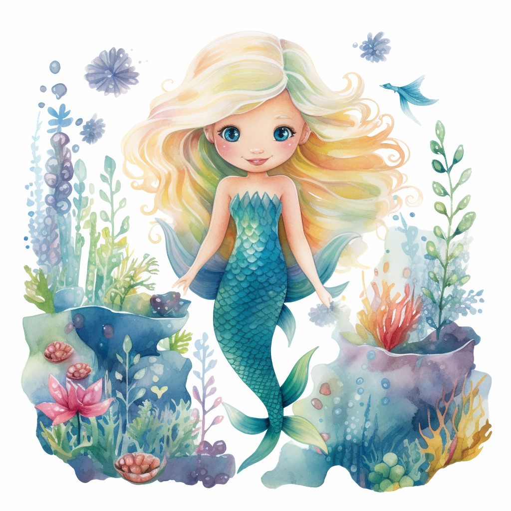 Adorable plump blonde child mermaid in watercolor style