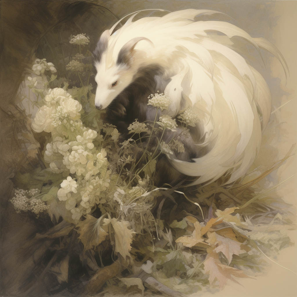 cute skunk holding flower in nature