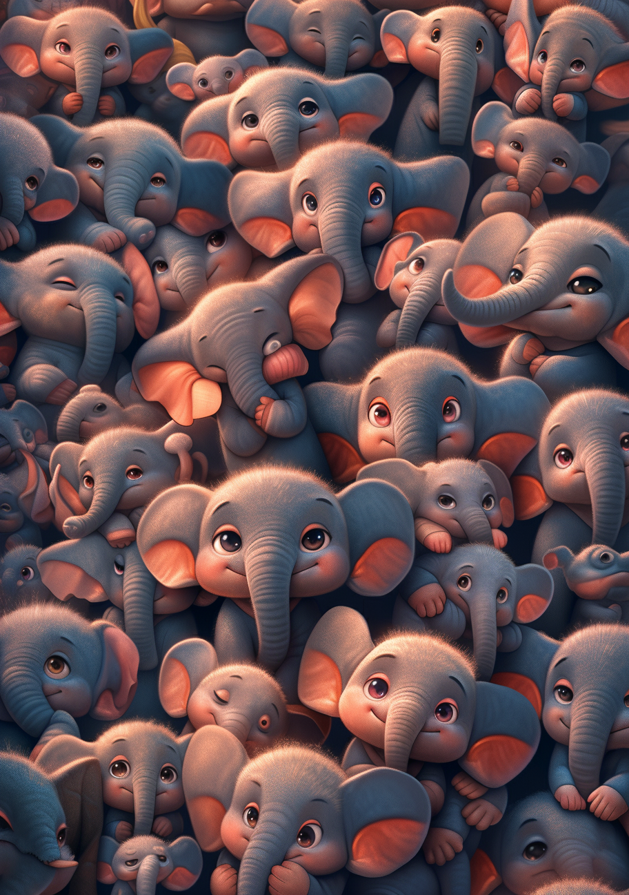 Adorable small elephant character in a crowded scene.