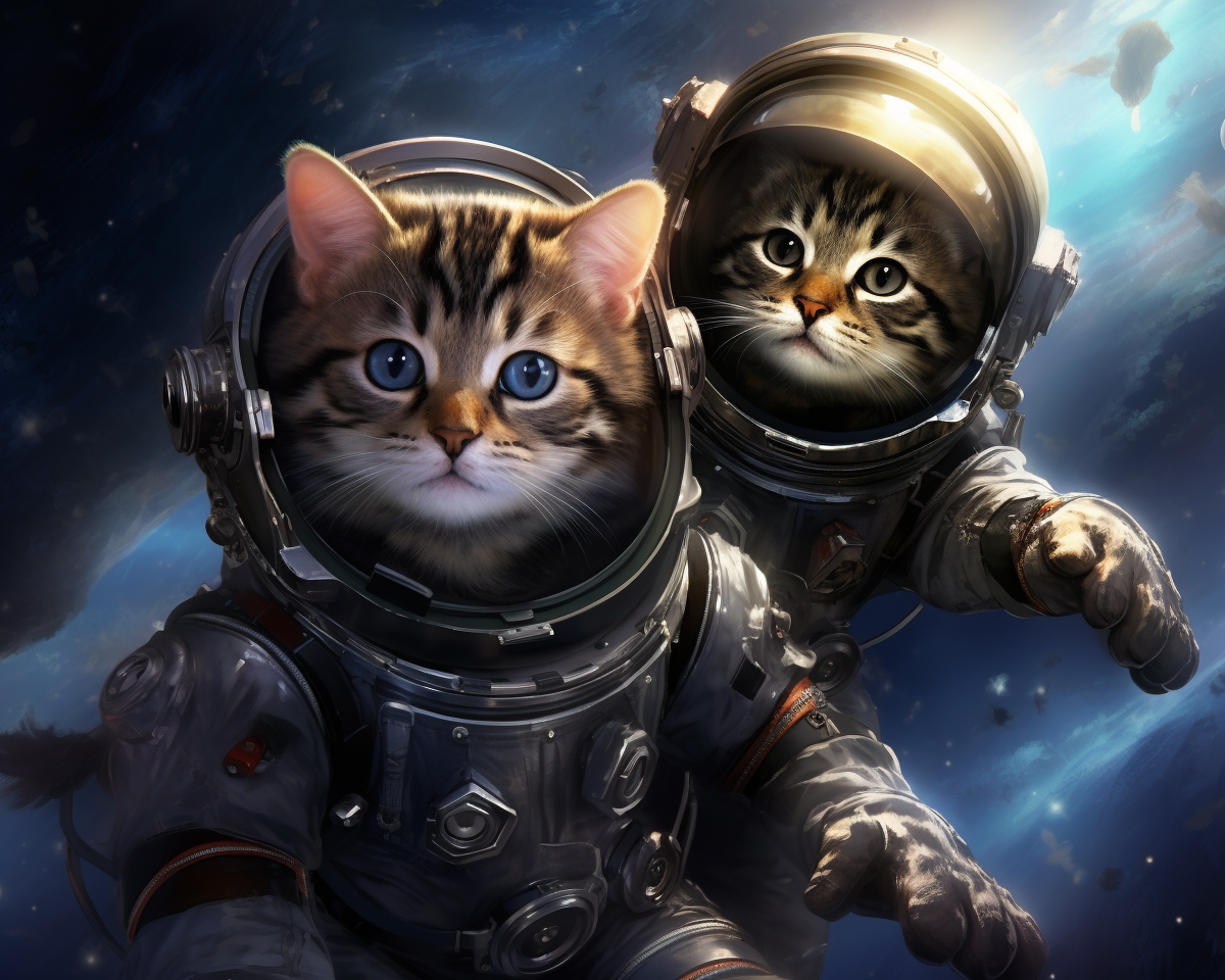 Two cute cats in spacesuits among the stars