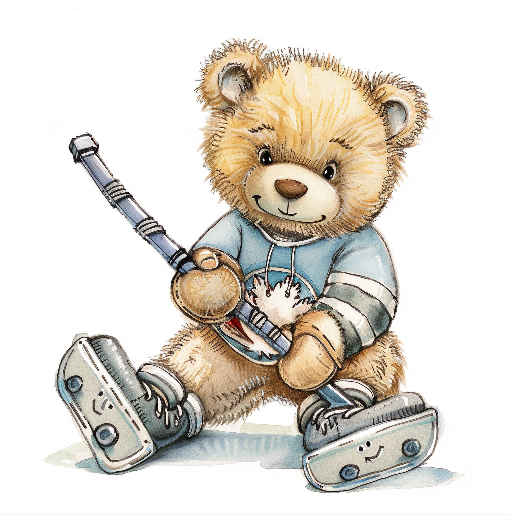 Smiling baby teddy bear playing ice hockey