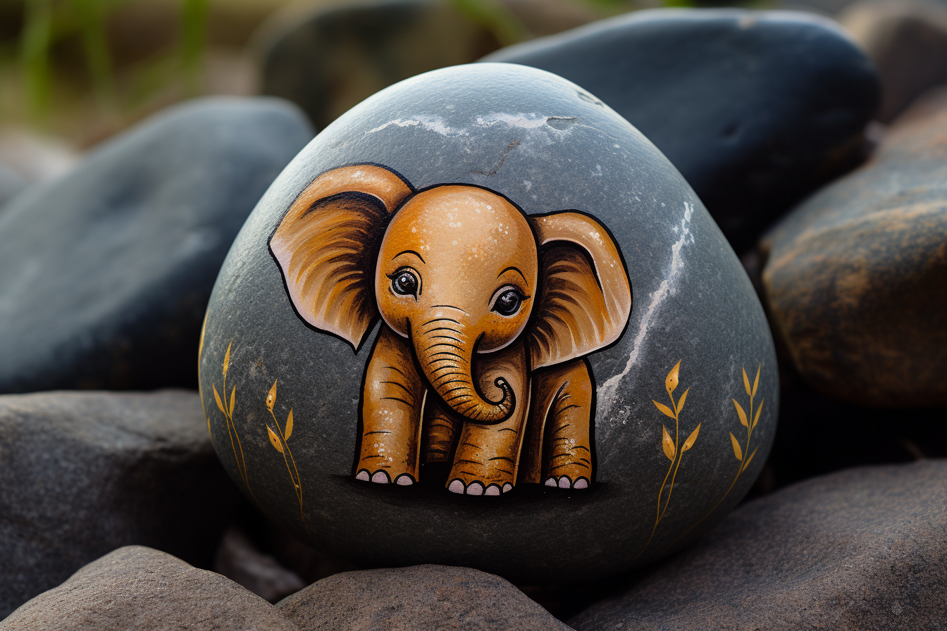 Adorable young elephant rock painting artwork