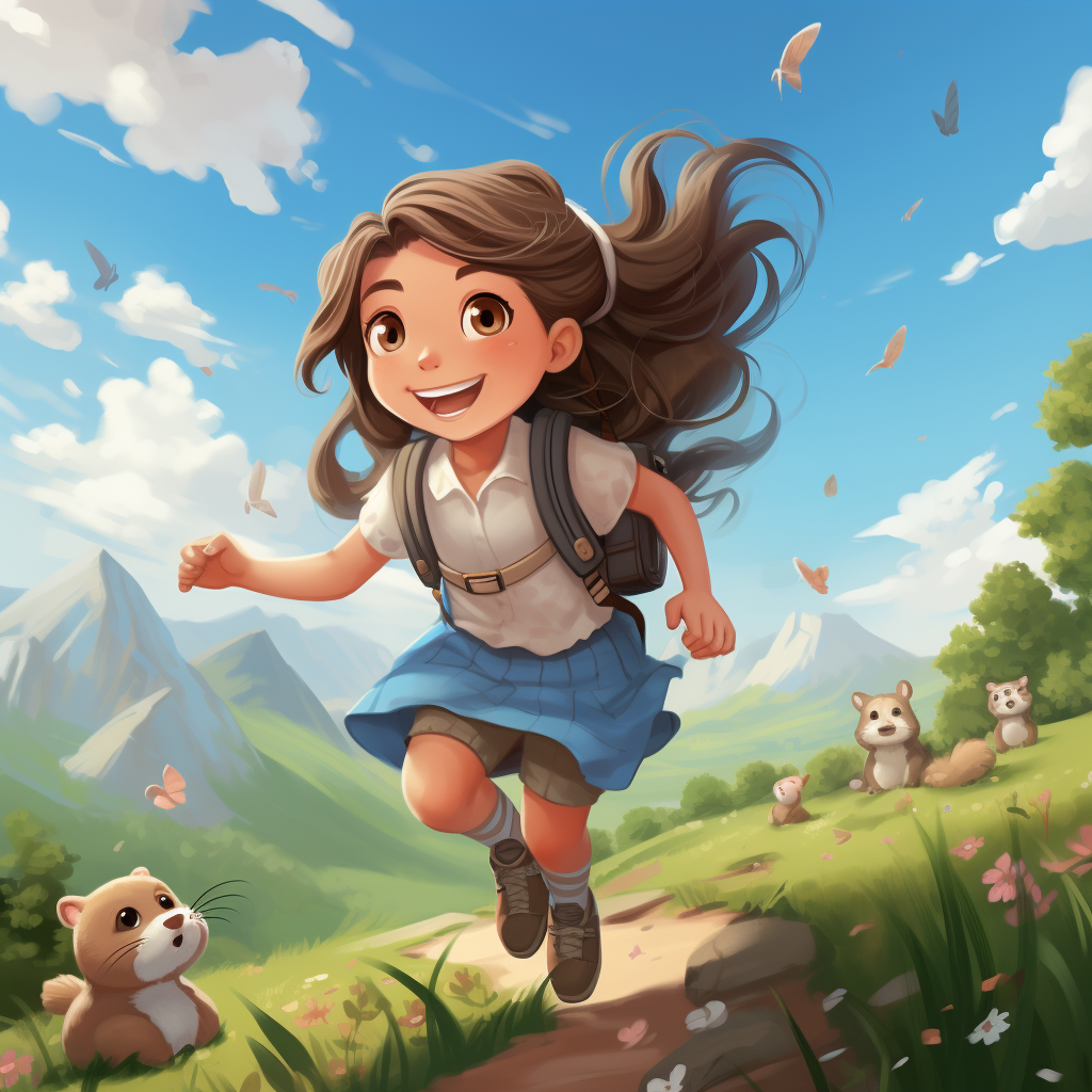 Smiling girl playing in meadow with squirrel