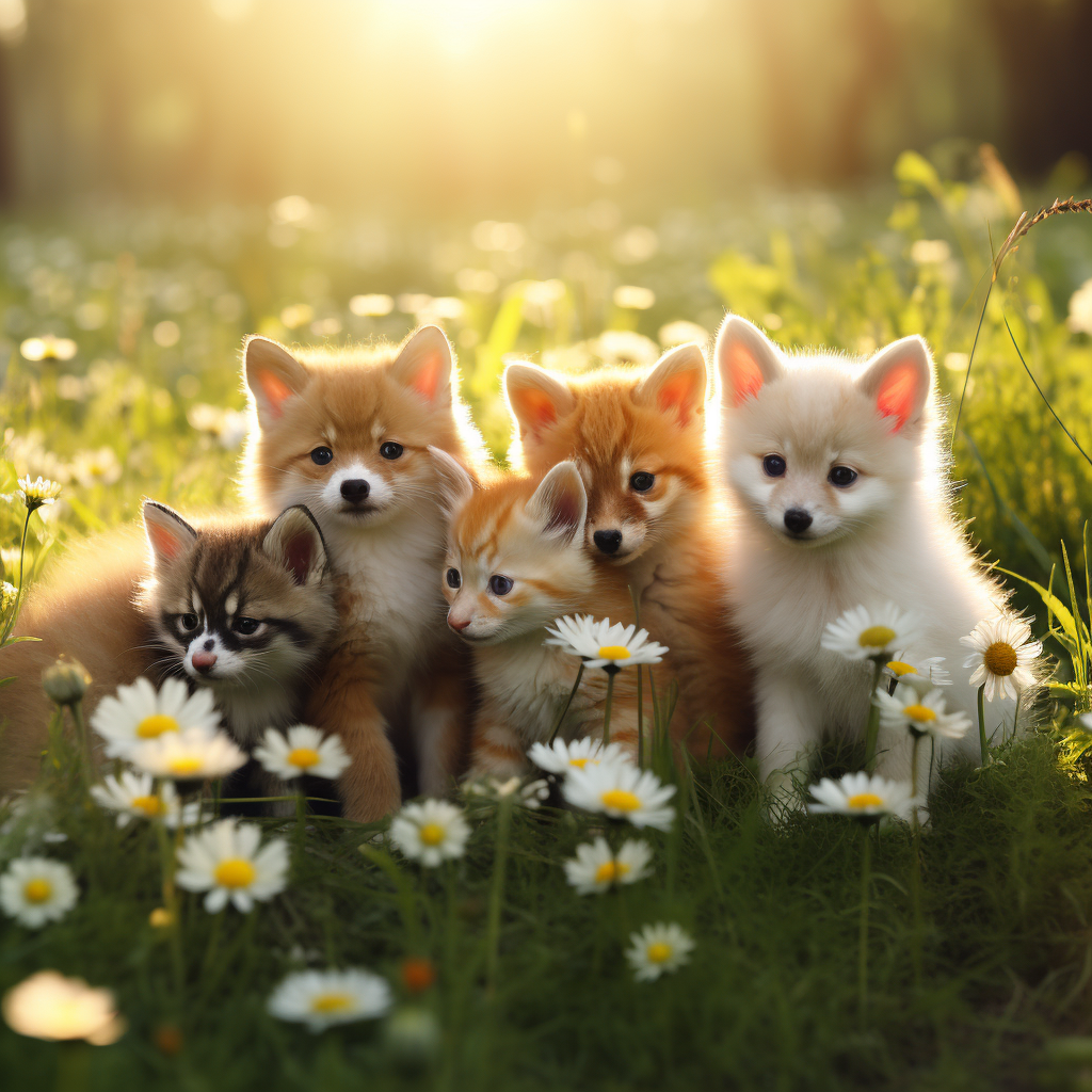 Cute animals playing in meadow