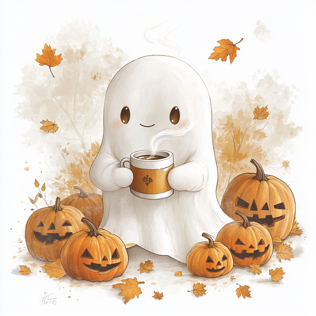 Adorable Ghost with Coffee and Pumpkins