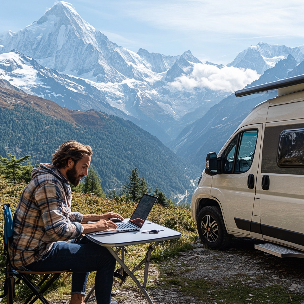 Man Working on Laptop Outdoors