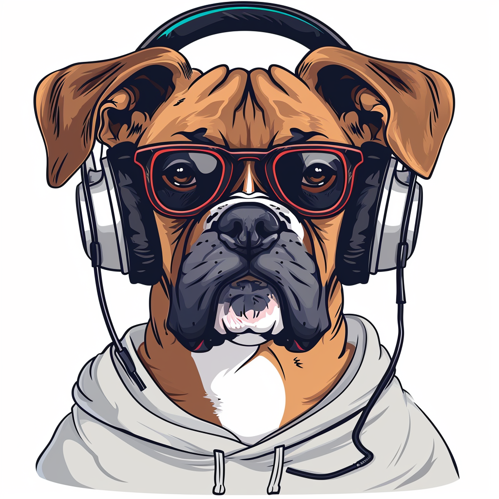 Boxer dog in sweatshirt and headphones