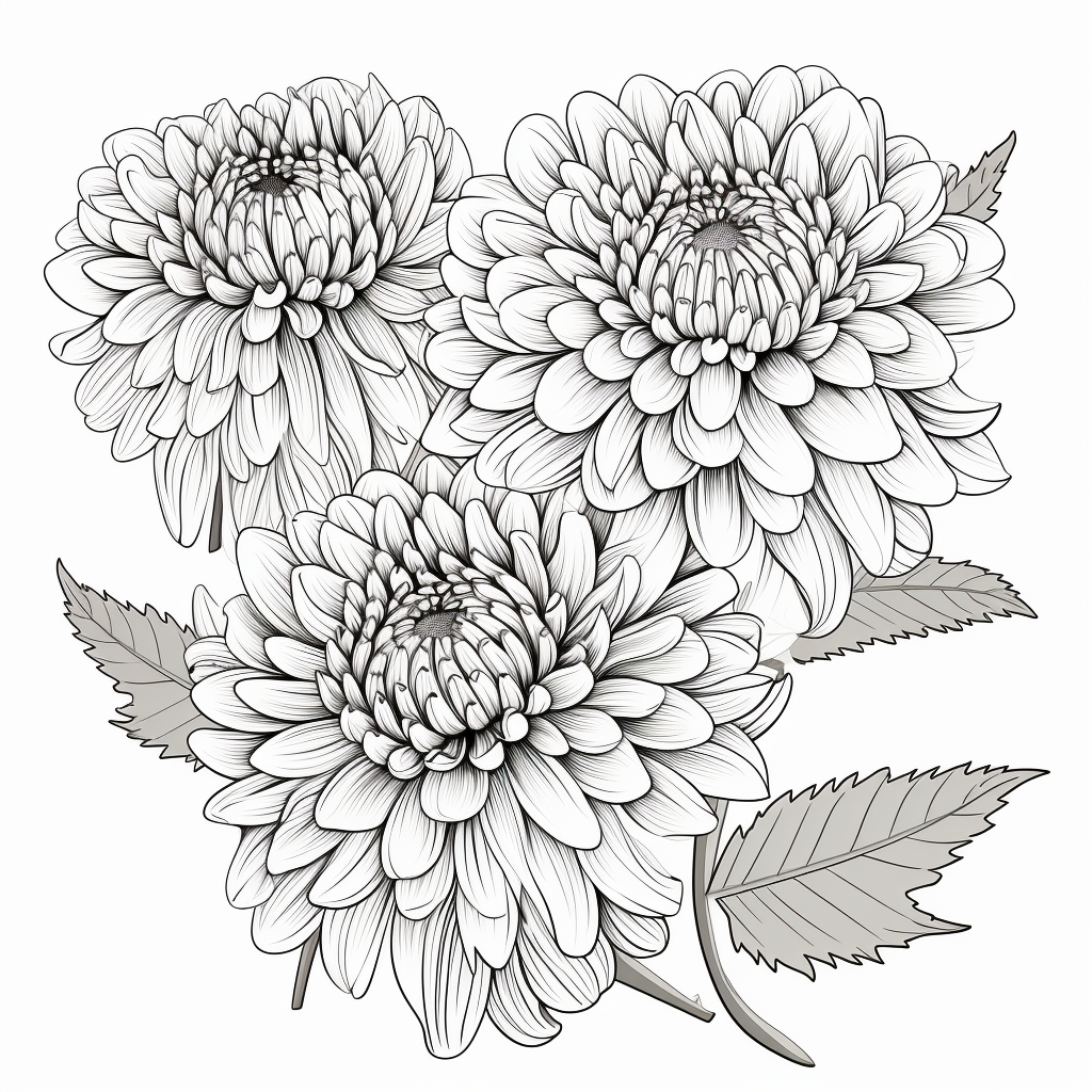 Adult Coloring Page of Globe Dahlias Botanical Drawings