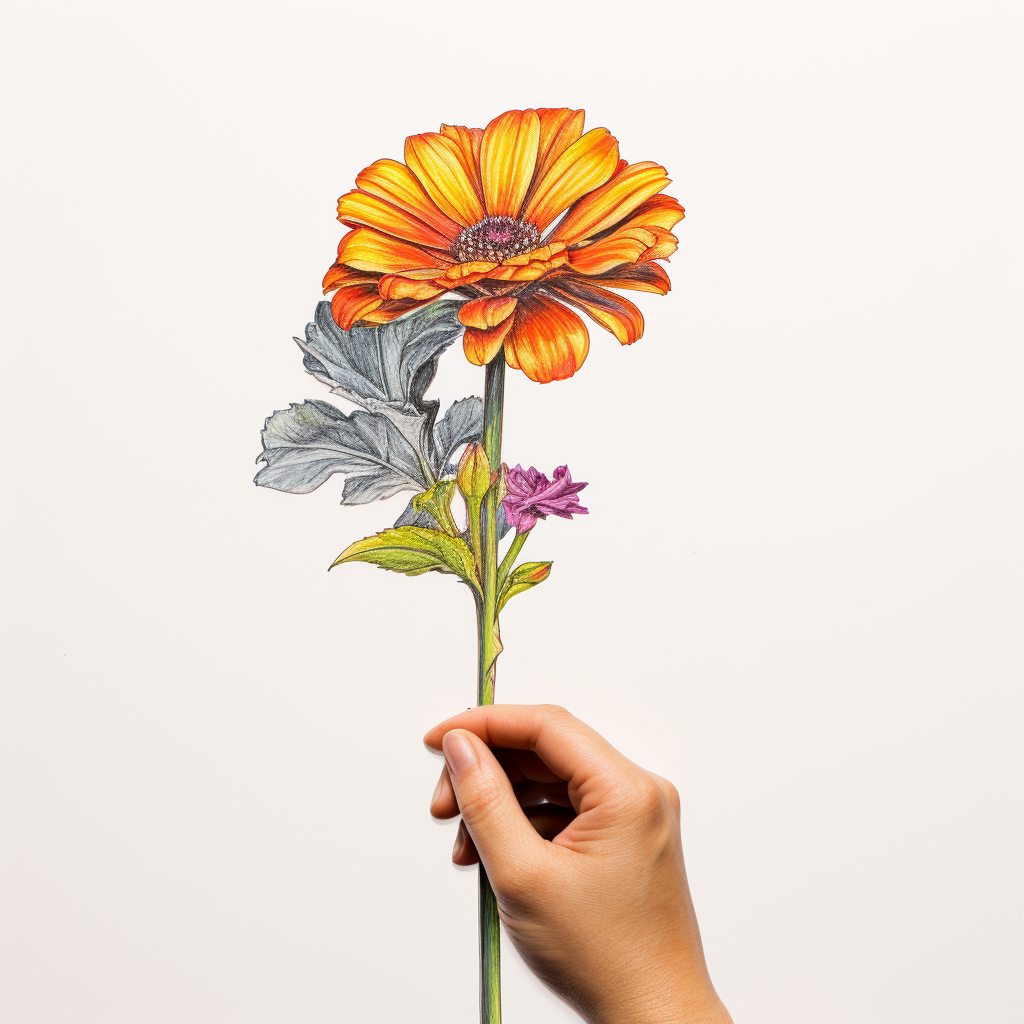 Adult hand holding colorful flower drawing