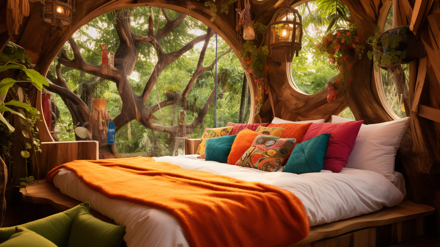 Cozy adult treehouse with king-size bed and colorful pillows