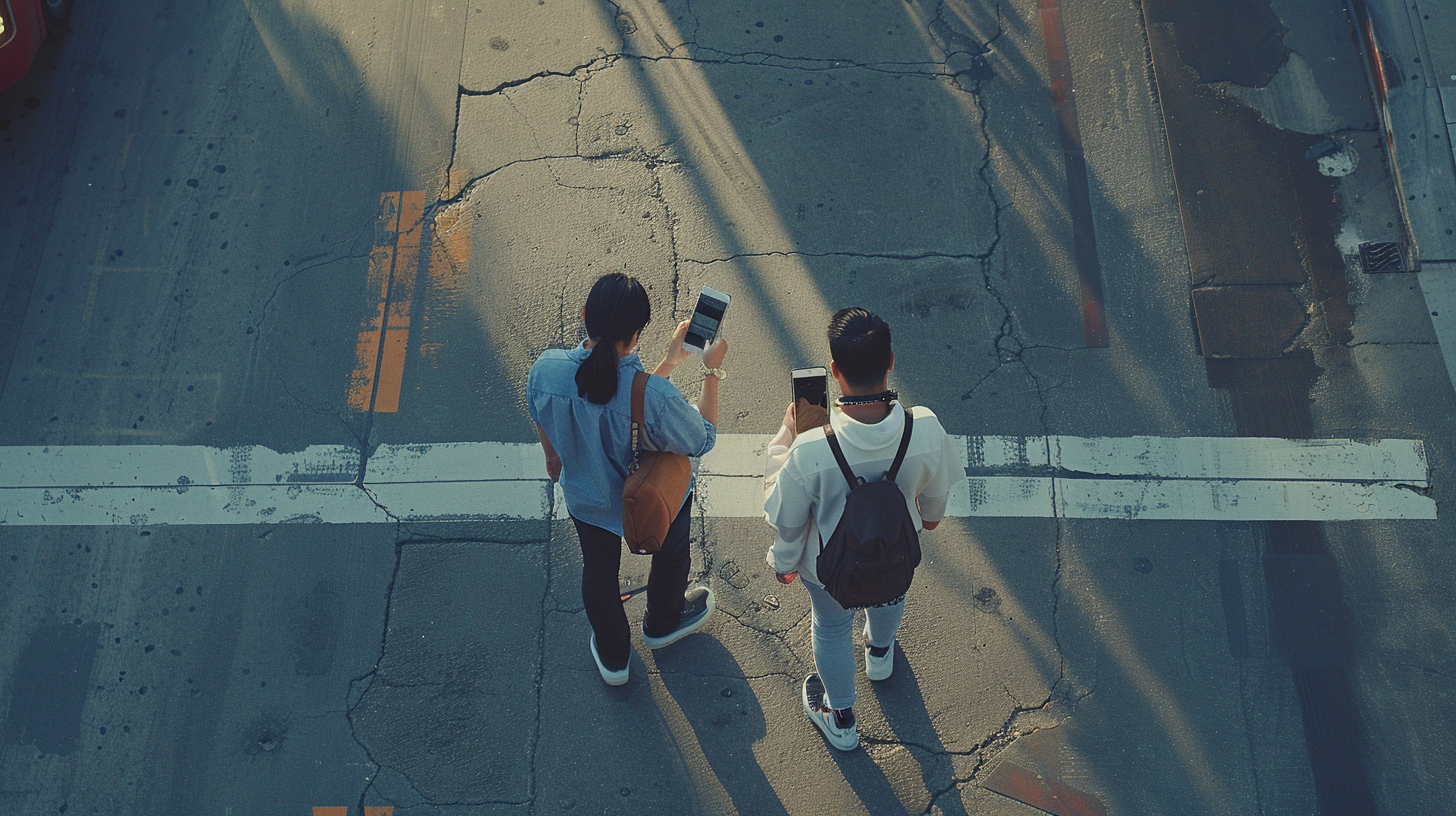 Two adults using phone outdoors