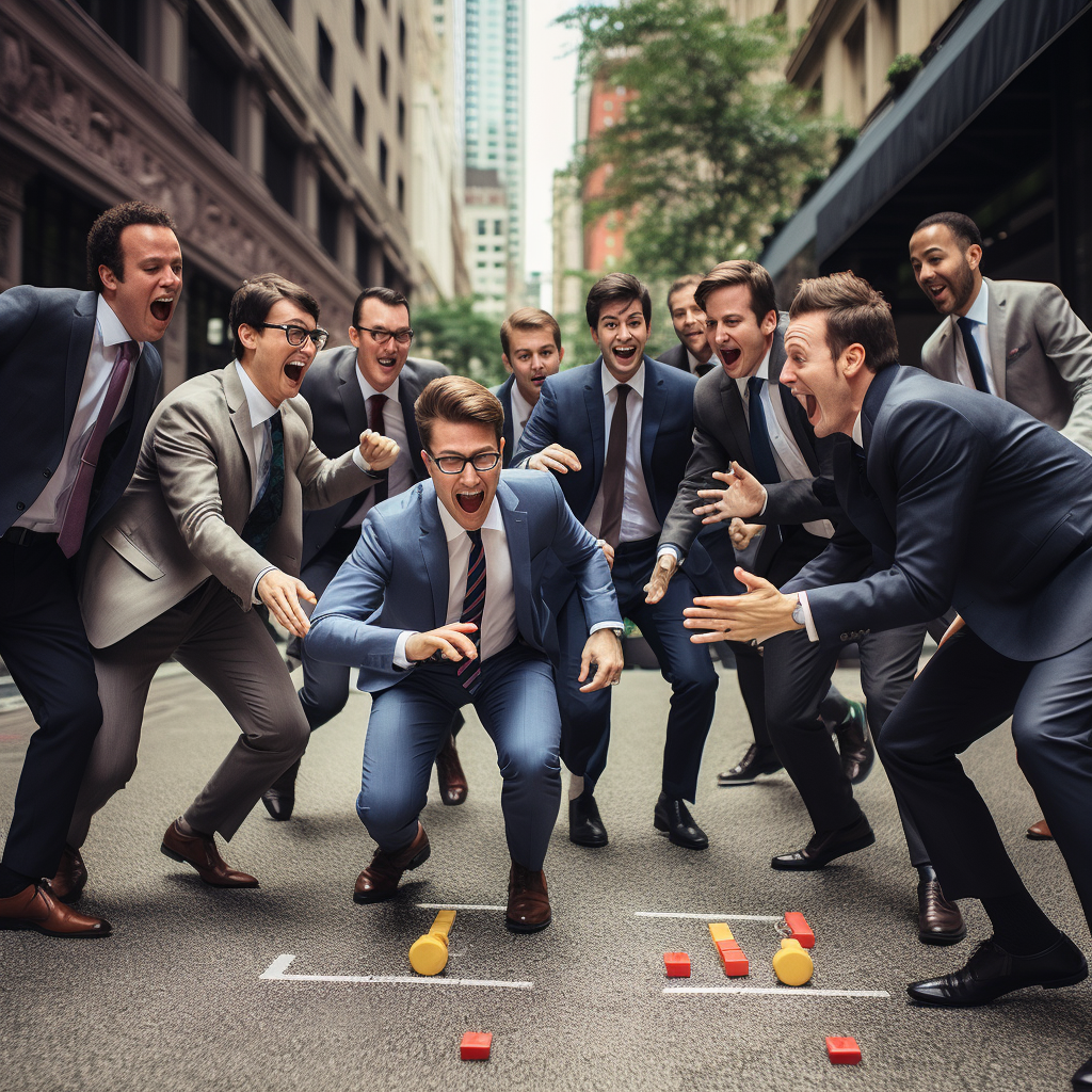 Adults playing childhood game in business suits