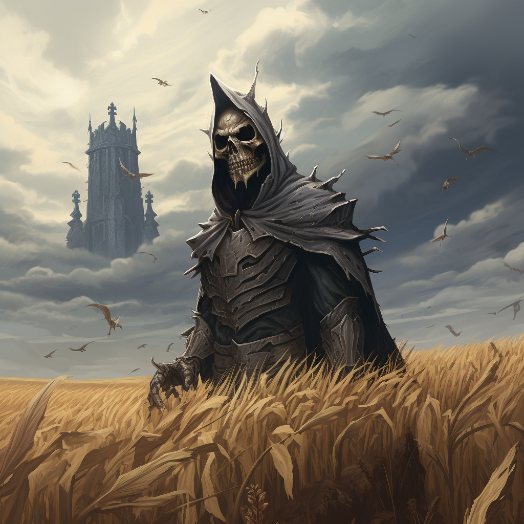 Hyper-realistic Adventure Lich in wheat field