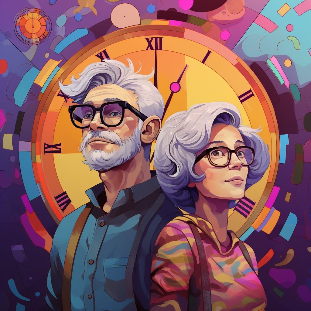 Colorful adventure couple with quirky clocks