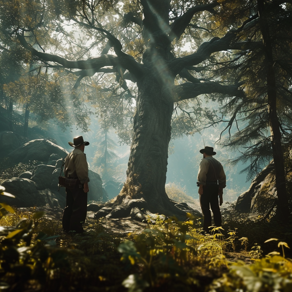 Two Mafiosi discussing a tree in the forest