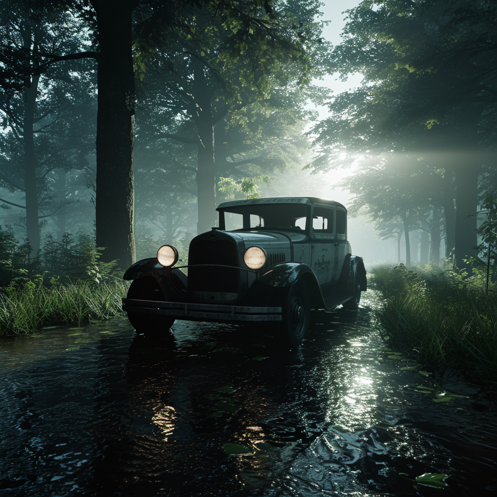 Tuning car in forest during rain