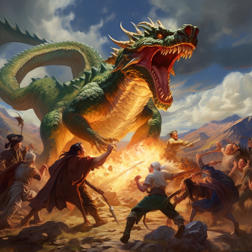 Adventure party battles five-headed dragon artwork